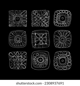 Granny square crochet. Knitted wear. Folk art motif with flowers. Vector illustration