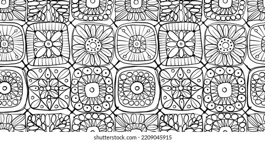 Granny square crochet. Seamless pattern background. Knitted wear. Folk art motif with flowers. Vector illustration
