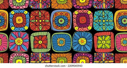 Granny square crochet. Seamless pattern background. Knitted wear. Folk art motif with flowers. Vector illustration