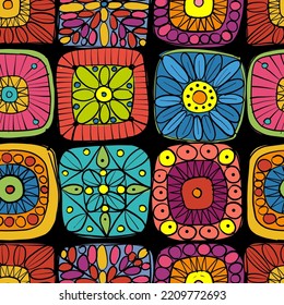 Granny square crochet. Seamless pattern background. Knitted wear. Folk art motif with flowers. Vector illustration
