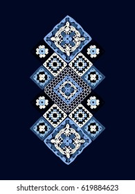 Granny square. Decor for clothes. Trendy pattern. Knitted wear. Folk art motif with flowers. Vector illustration