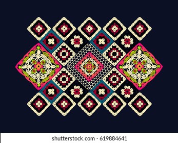 Granny square. Decor for clothes. Trendy pattern. Knitted wear. Folk art motif with flowers. Vector illustration