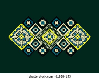 Granny square. Decor for clothes. Trendy pattern. Knitted wear. Folk art motif with flowers. Vector illustration