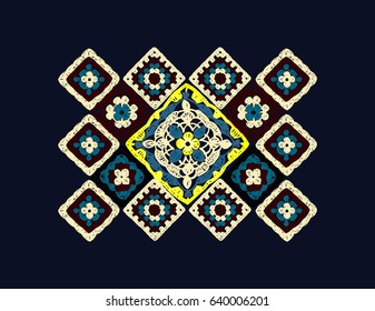 Granny square. Decor for clothes. Trendy pattern. Knitted wear. Folk art motif with flowers. Vector illustration