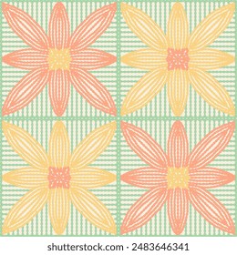 Granny square - Eight petal crochet flower vintage kitschy 1950s peach pink yellow and mint green