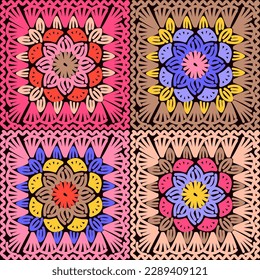 Granny square pattern. Multicolor crochet flowers. Vector illustration file.