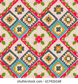 Granny square. Seamless pattern crochet. Pattern crochet. Knitted wear. Folk art motif with flowers. Vector illustration