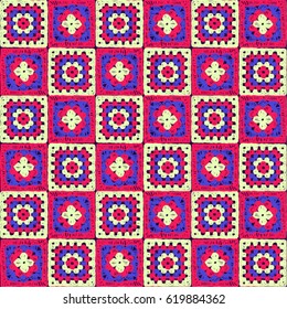 Granny square. Seamless pattern crochet. Pattern crochet. Knitted wear. Folk art motif with flowers. Vector illustration