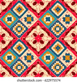 Granny square. Seamless pattern crochet. Pattern crochet. Knitted wear. Folk art motif with flowers. Vector illustration.