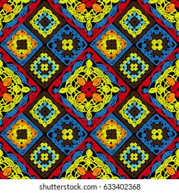 Granny square. Seamless pattern crochet. Pattern crochet. Knitted wear. Folk art motif with flowers. Vector illustration.