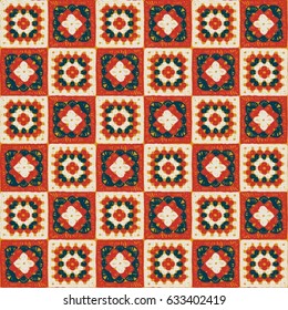 Granny square. Seamless pattern crochet. Pattern crochet. Knitted wear. Folk art motif with flowers. Vector illustration.