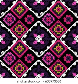 Granny square. Seamless pattern crochet.  Knitted wear. Folk art motif with flowers. Vector illustration