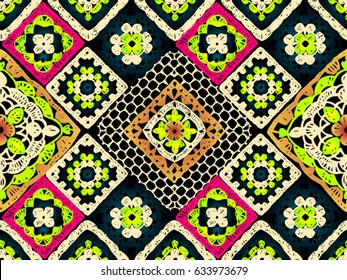 Granny Square. Seamless Pattern Crochet. Knitted Wear. Folk Art Motif With Flowers. Vector Illustration