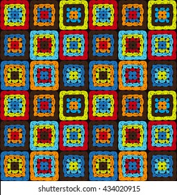 Granny squares pattern and Ripples Afghan. Crochet blanket of square elements, handmade, multicolored knitted squares, cozy blanket.  