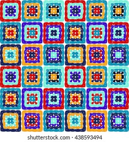 Granny squares pattern and Ripples Afghan. Crochet blanket of square elements, handmade, multicolored knitted squares, cozy blanket.