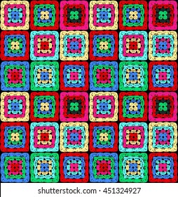 Granny squares pattern and Ripples Afghan. Crochet blanket of square elements, handmade, multicolored knitted squares, cozy blanket.