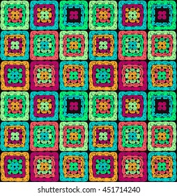 Granny squares pattern and Ripples Afghan. Crochet blanket of square elements, handmade, multicolored knitted squares, cozy blanket.