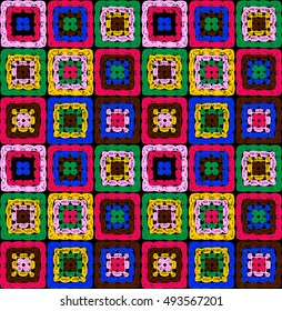 Granny squares pattern and Ripples Afghan. Crochet blanket of square elements, handmade, multicolored knitted squares, cozy blanket.