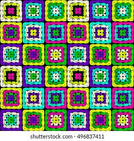Granny squares pattern and Ripples Afghan. Crochet blanket of square elements, handmade, multicolored knitted squares, cozy blanket.