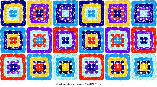 Granny squares pattern and Ripples Afghan. Crochet blanket of square elements, handmade, multicolored knitted squares, cozy blanket.