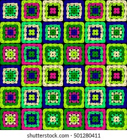 Granny squares pattern and Ripples Afghan. Crochet blanket of square elements, handmade, multicolored knitted squares, cozy blanket.