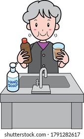 Granny in summer clothes gargling with a mouthwash (whole body)