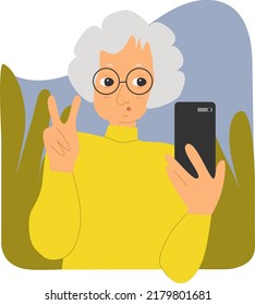 Granny takes a selfie. Flat vector illustration