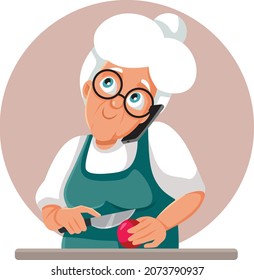 
Abuela hablando por teléfono mientras cocina una caricatura vectorial. Mujer mayor preparando el almuerzo multitarea hablando por teléfono
