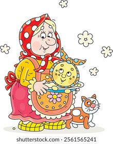 Granny in traditional country clothes holding a dish with a funny round loaf kolobok freshly baked in her village oven for a festive table, vector cartoon illustration on a white background