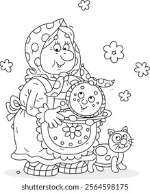 Granny in traditional country clothes holding a dish with a funny round loaf kolobok freshly baked in her village oven for a festive table, black and white vector cartoon illustration