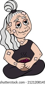 Granny with vitiligo sits and eats soup