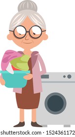 Granny with washmachine, illustration, vector on white background.