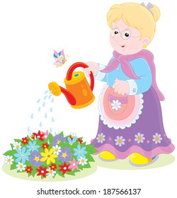 Granny watering flowers