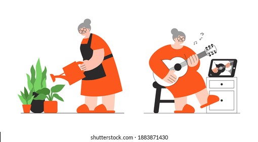 Granny Watering Houseplants And Learns To Play Guitar From Video Lesson. Senior Education, Hobby For Old People, Active Retirement Concept. Flat Vector Illustration Isolated On White Background.