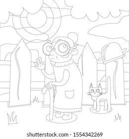 Granny Waving To Viewer With Her Kitty Following Her, Black And White Coloring Page For Kids