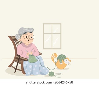 Granny weaving woolen sweater in winters. Knitting sweater on leisure chair while cat playing with the wooden yarn ball. Modern granny and cat scene. Flat colored isolated vector illustration.