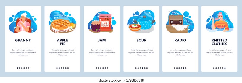 Granny website and mobile app onboarding screens. Menu banner vector template for web site and application development. Granny enjoying cooking, baking, knitting, listening to radio and being grandma.