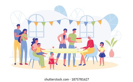 Grannys Birthday Celebration with Family Generations - Grandparents, Parents and Children. Elderly Woman Accepts Greetings and Congratulations, Presents on Anniversary. Flat Vector Illustration.