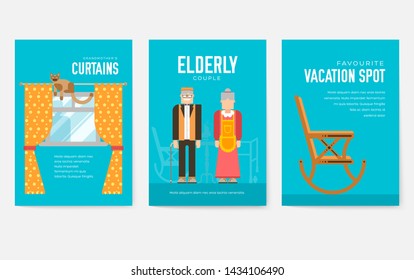 Grannys day brochure cards set. old character people template of flyear, magazine, poster, book cover, banners. grandmother and grandfather house invitation concept background. Layout modern