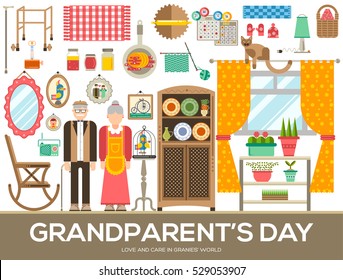 Grannys day icons design illustration set. Flat old character people and adult items background concept. Vector elderly grandmother and grandfather house 