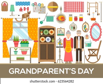 Grannys day icons design illustration set. Flat old character people and adult items background concept. Vector elderly grandmother and grandfather house