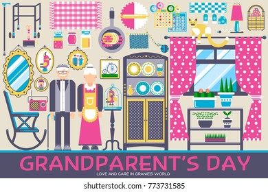 Grannys day icons design illustration set. Flat old character people and adult items background concept. Vector elderly grandmother and grandfather house.