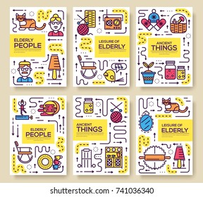 Grannys day thin line icons design cards. Outline old people and adult items background concept. Template flyear, magazine, poster, book cover, banners. Vector elderly grandmother and grandfather