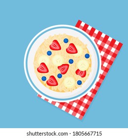 Granola, banana, strawberries, blueberries in bowl on a red checkered napkin. Muesli fruits healthy natural breakfast. Healthy food, oat flakes, vector cartoon illustration.
