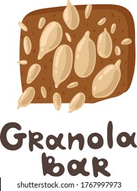 Granola bar with cereals, sunflower seed. Web and printing. Healthy eating concept. Top view of hand drawn healthy and an energy protein bar. Flat styled food illustration. Healthy lifestyle concept.