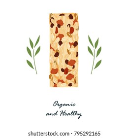 Granola bar isolated on white. Healthy snack with nats and dried fruits. Energy bars vector, organic and healthy food emblem. Vector sign