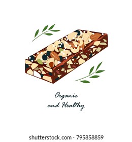 Granola bar with nats and dried fruits isolated on white . Energy bars vector, organic and healthy food emblem. Vector illustration