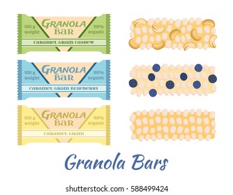 Granola bars. Caramel with grain, berries, nuts. Protein sport bars. Flat vector style.