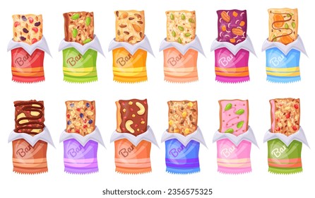 Granola bars. Cereal bar slow carbohydrates, muesli protein sport snacks with nuts oats cereal in package sugar fruit dessert natural nutrition cookie, neat vector illustration of unwrapped granola