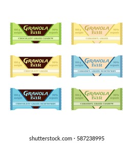 Granola bars. Chocolate, caramel with grain, berries, nuts. Protein sport bars. Flat vector style.